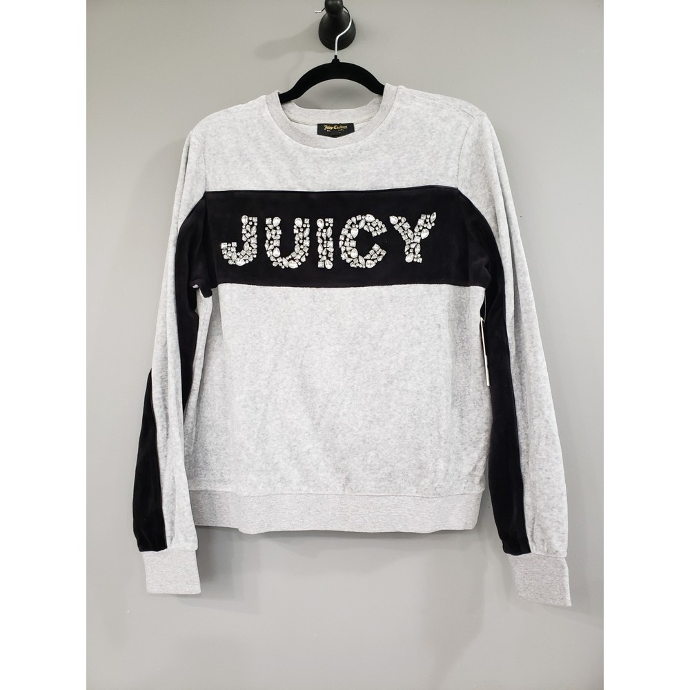 NEW JUICY COUTURE‎ BLACK LABEL Silver Velour Gems Pullover Small $178 glam y2k